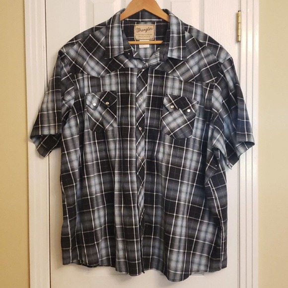 Wrangler Mens Short Sleeve Pearl Snap Shirt Western Black Plaid 3XL Big 3XB - Picture 1 of 10